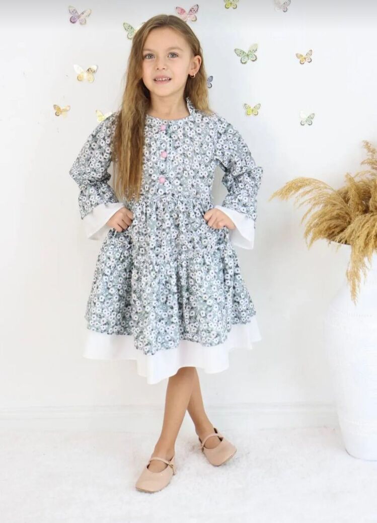 kız çocuk çiçek desenli düğmeli cotton dokuma elbise