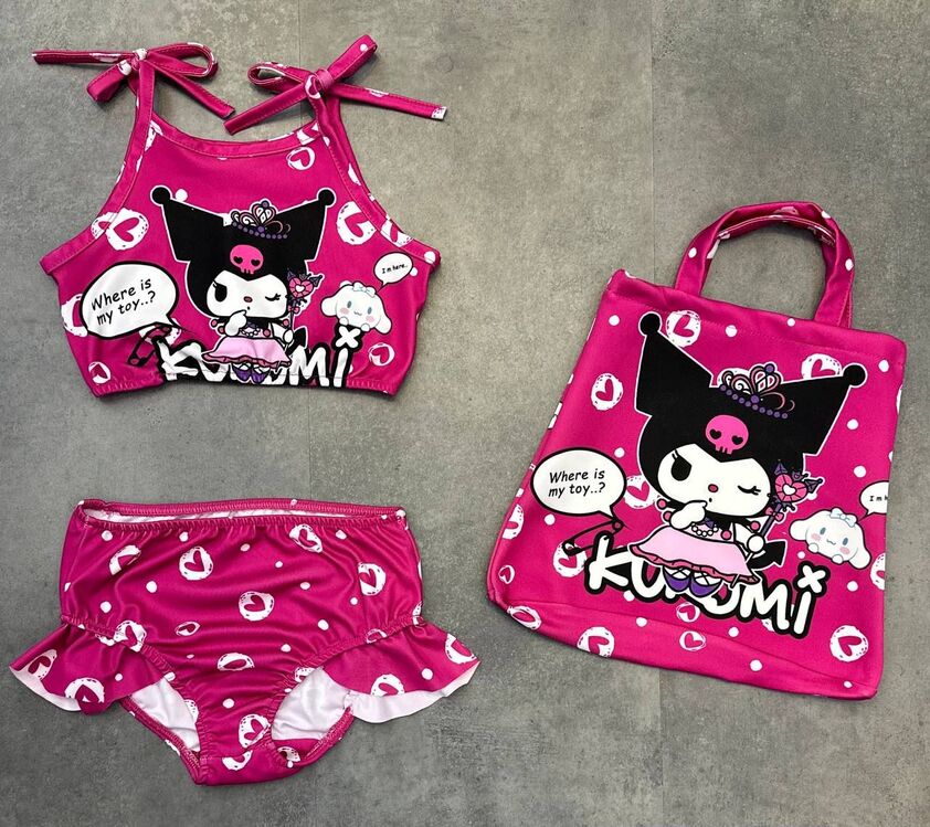 Kız Çocuk Kuromi Çantalı Üç Parça Mayo Bikini Yazlık 