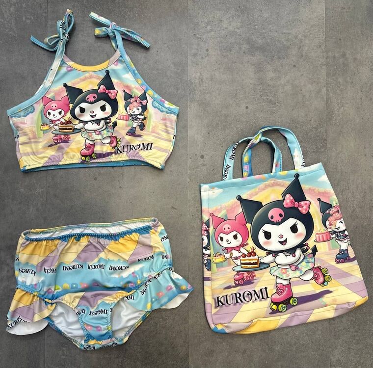 Kız Çocuk Kuromi Çantalı Üç Parça Mayo Bikini Yazlık 