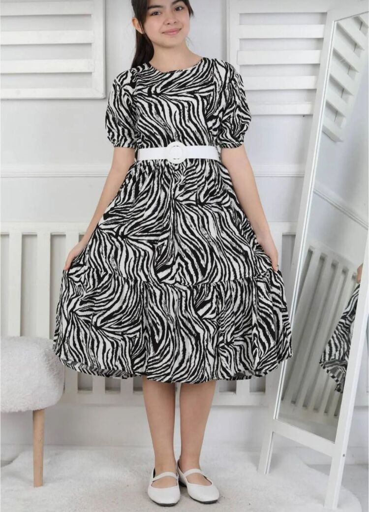 kız çocuk zebra desenli kemerli uzun elbise 