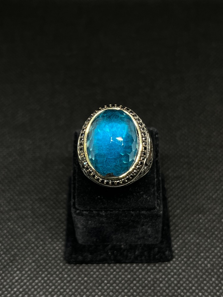 925 Ayar Gümüş Yüzük – Aqua Taşlı, Bronz Detaylı El İşçiliği Model