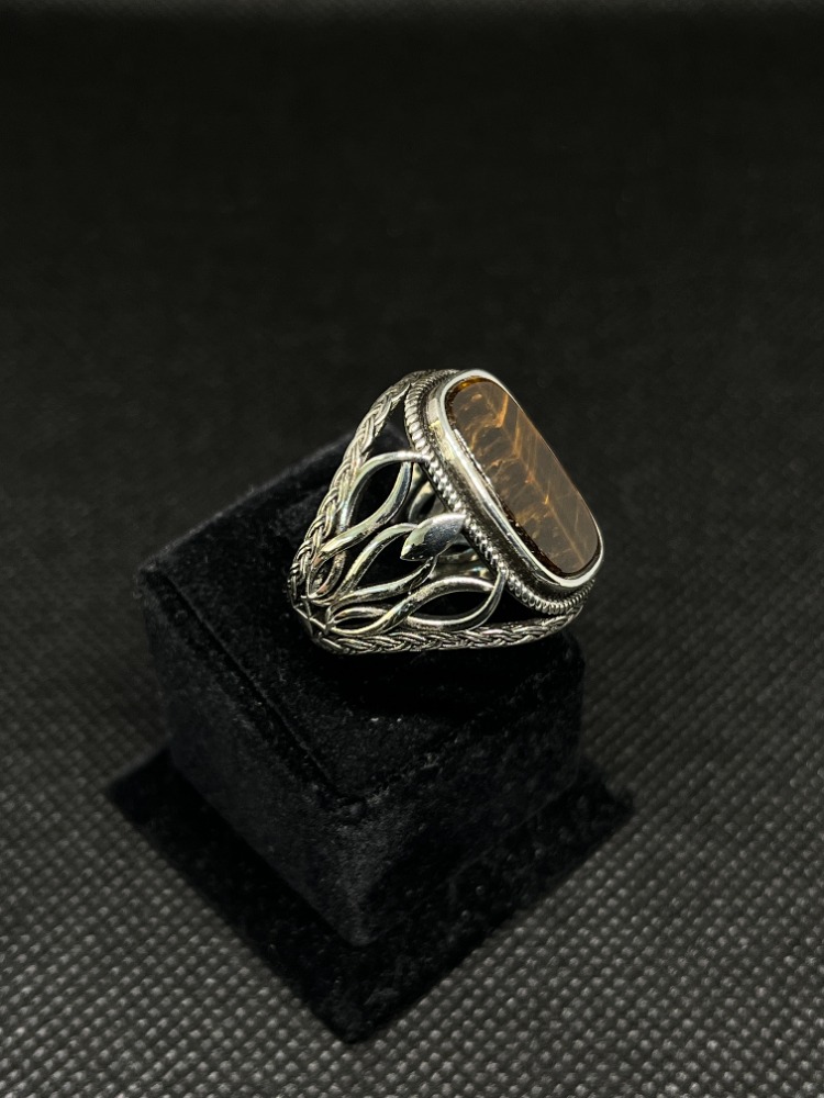Erkek Gümüş Kaplan Gözü (Tiger Eye) Taşlı Alev Desenli Yüzük