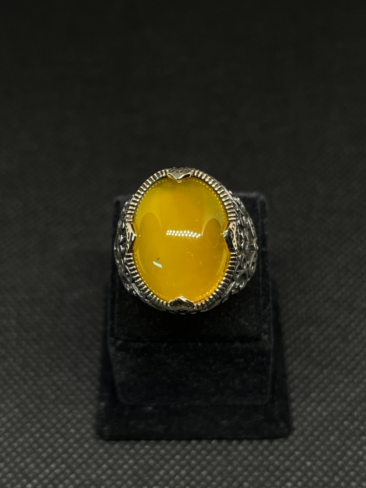 Oval Sarı Taşlı 925 Ayar Gümüş Erkek Yüzük