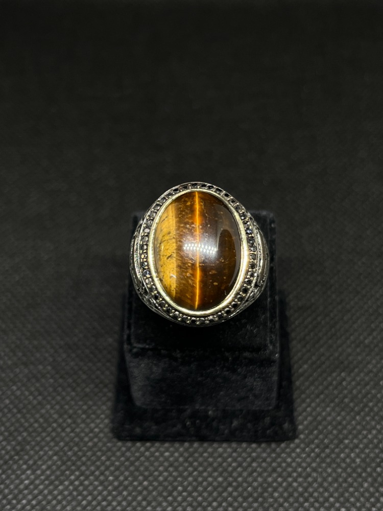 925 Ayar Gümüş Yüzük – Kaplan Gözü (Tiger Eye) Taşlı, Bronz Detaylı