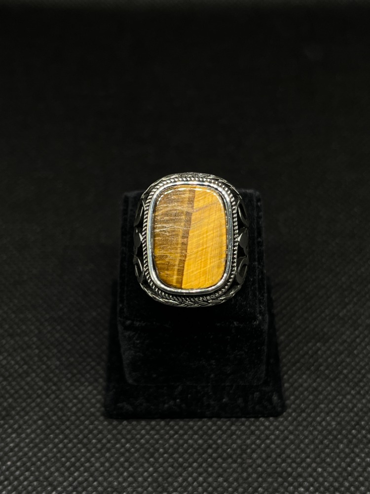 Erkek Gümüş Kaplan Gözü (Tiger Eye) Taşlı Alev Desenli Yüzük