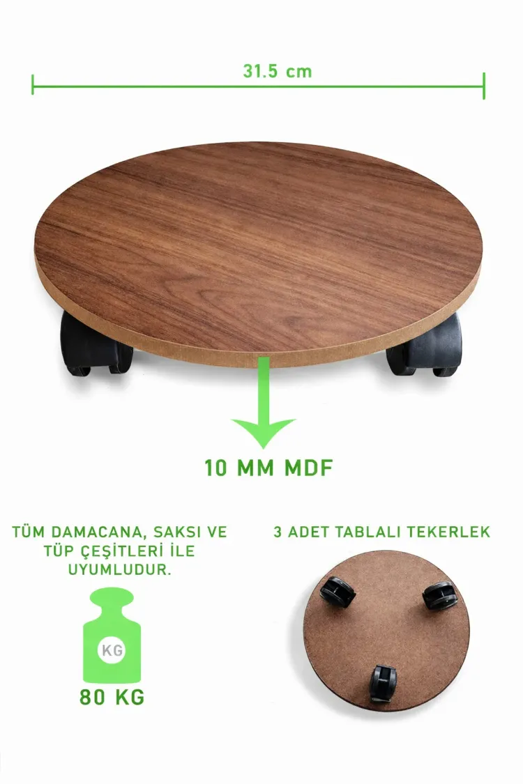 MDF Tekerlekli Damacana, Saksı ve Tüp Taşıma Aparatı – 31,5 cm, 80 KG Kapasiteli Stand