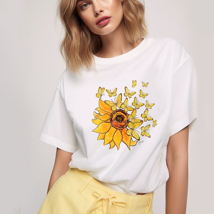 Ayçiçeği ve Kelebekler Tasarım Tshirt