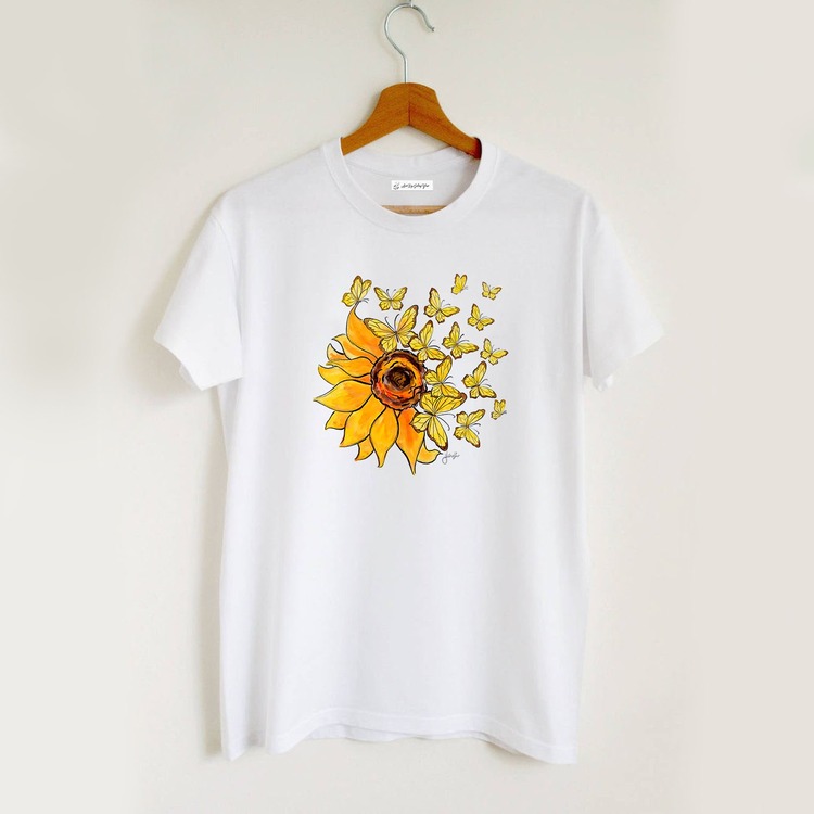 Ayçiçeği ve Kelebekler Tasarım Tshirt
