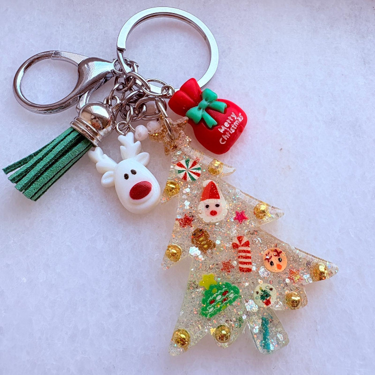 Yılbaşı Ağacı Gümüş Glitterli Epoksi Anahtarlık