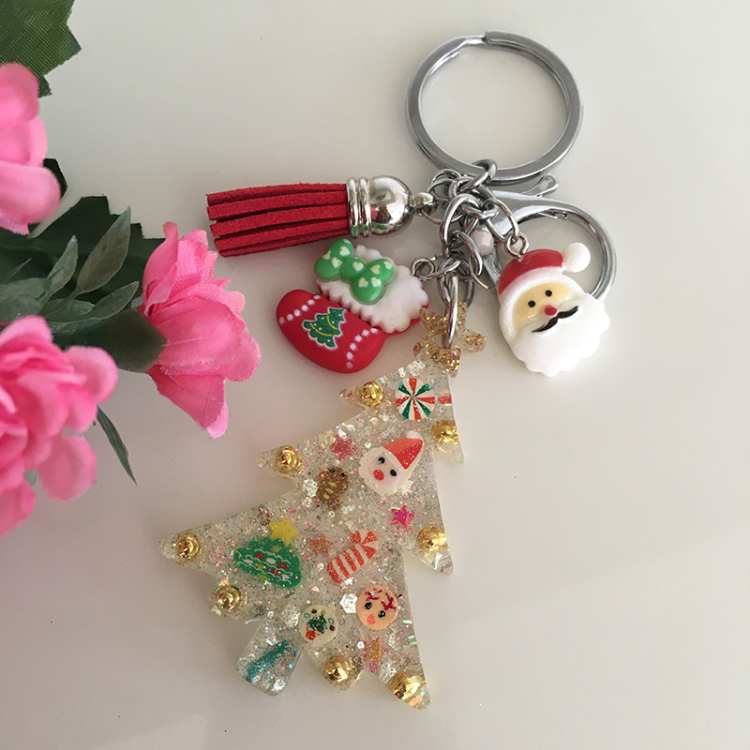 Yılbaşı Ağacı Gümüş Glitterli Epoksi Anahtarlık