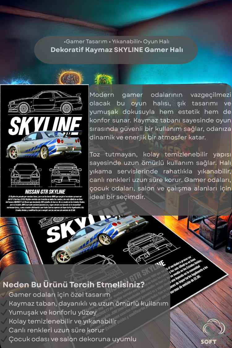 Nissan Skyline R34 Oyun Odası Halısı Gamer Odası Dekoratif Kaymaz Taban Yıkanabilir