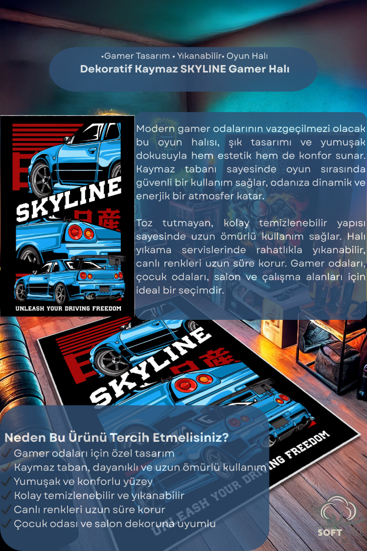 Nissan Skyline R34 Oyun Odası Halısı Gamer Odası Dekoratif Kaymaz Taban Yıkanabilir