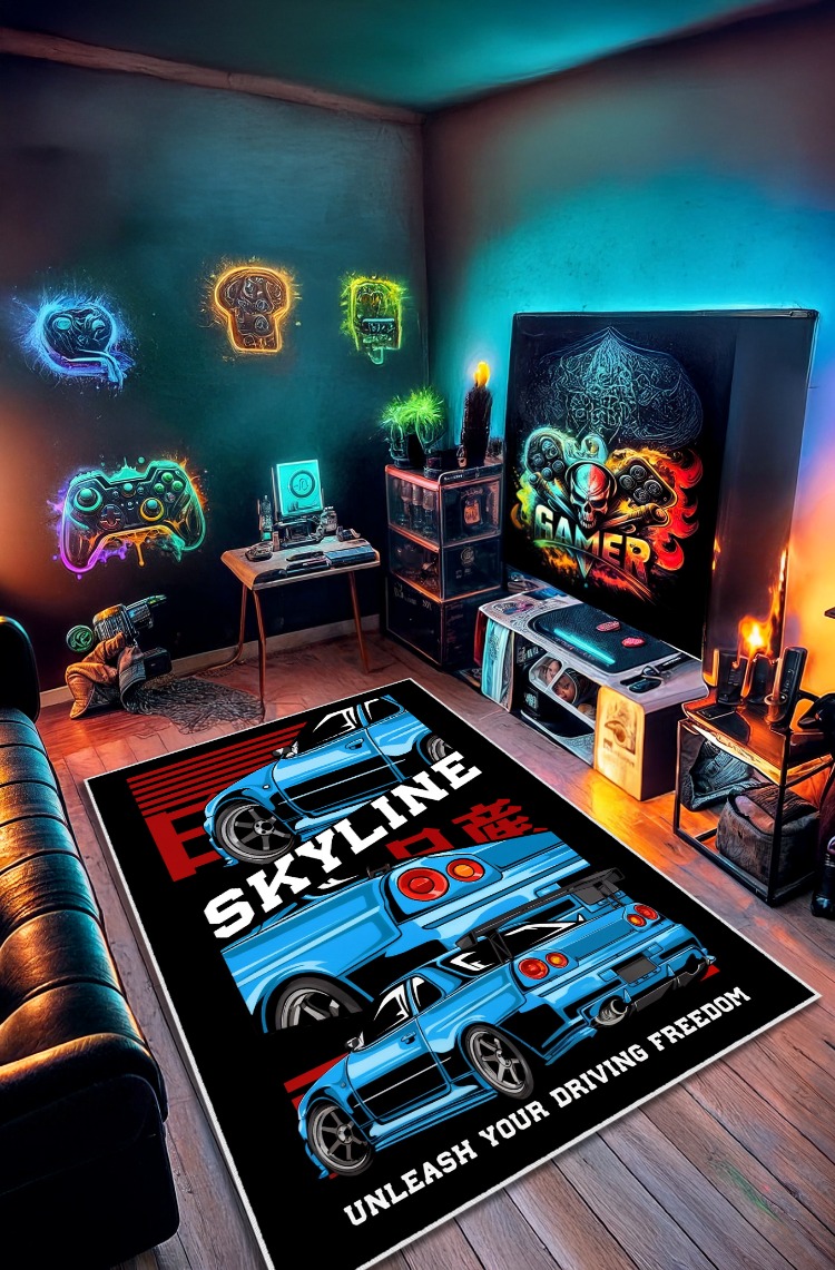 Nissan Skyline R34 Oyun Odası Halısı Gamer Odası Dekoratif Kaymaz Taban Yıkanabilir