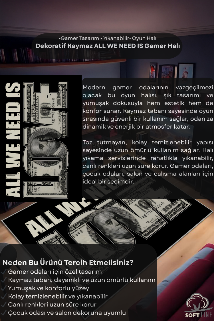 Dekoratif Kaymaz ALL WE NEED IS LOVE Gamer Halı