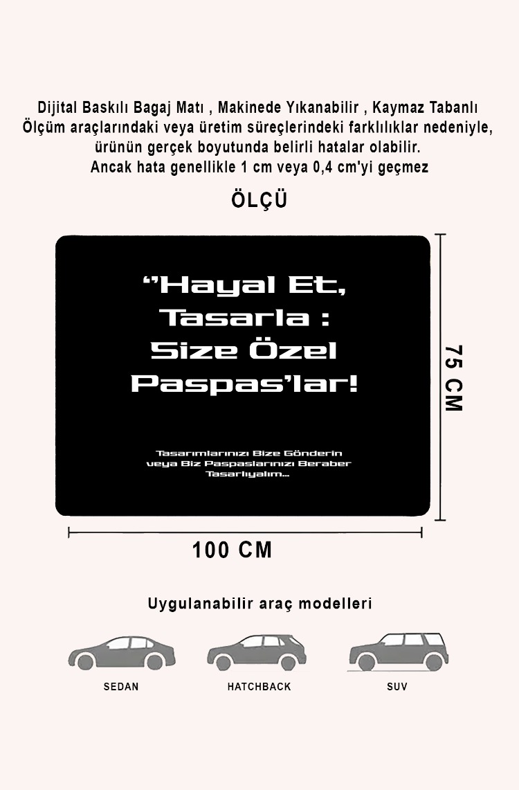 75 x 100 cm Özel Tasarım Araba Bagaj Halısı Kaymaz Makinede Yıkanabilir Bagaj Halısı