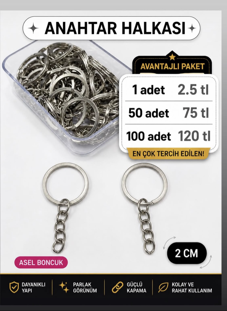 1 adet gümüş renk anahtar halkası 2CM