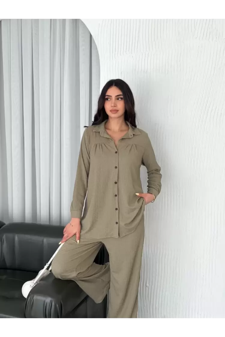 Yakalı Düğmeli Uzun Kollu Gömlek Pantolon ikili Takım - Bej
