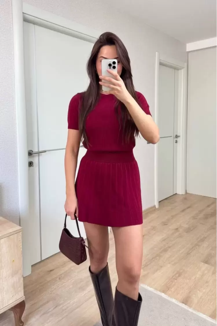 Kısa Kollu Bluz Mini Etekli ikili Takım Triko - Bordo