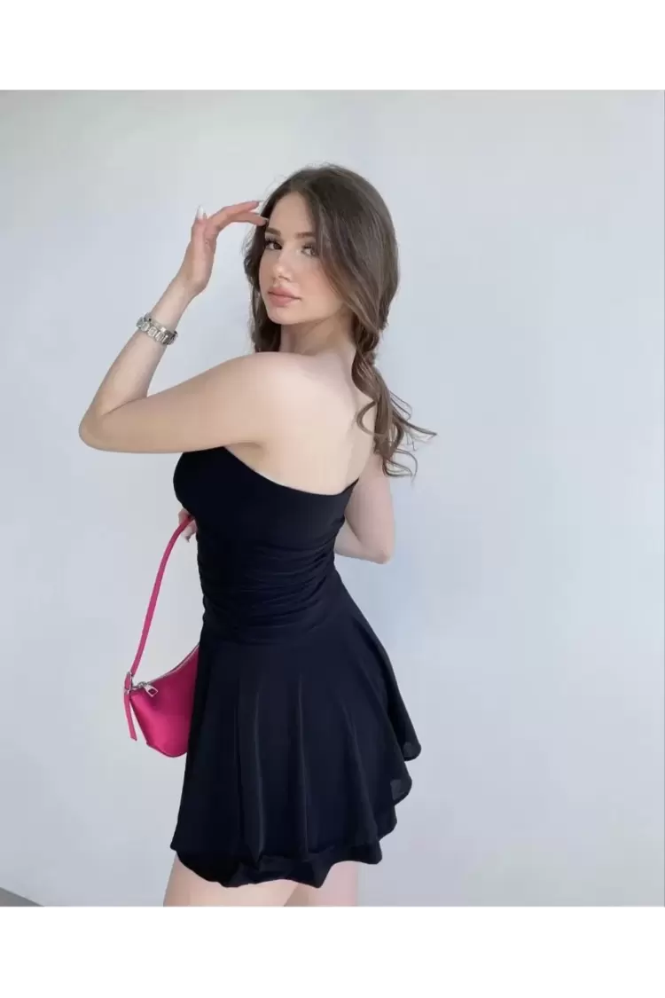 Kadın Straplez Sandy Kumaş Şortlu Prenses Etek Mini Klos Elbise- Siyah