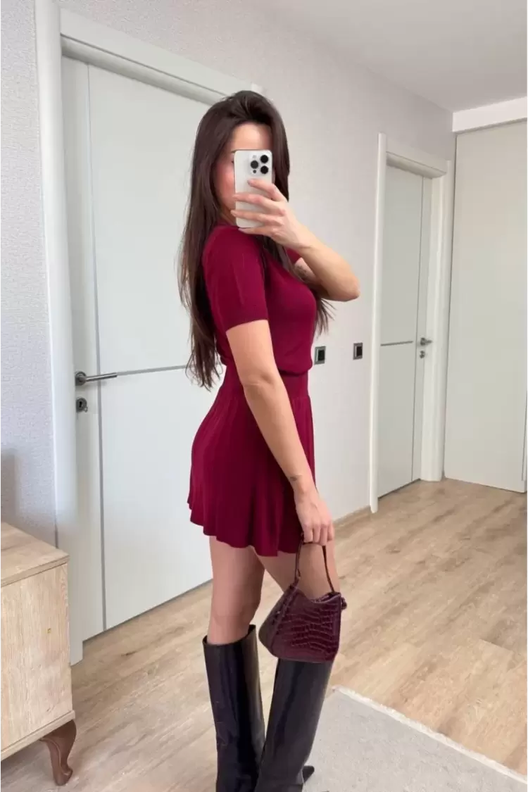 Kısa Kollu Bluz Mini Etekli ikili Takım Triko - Bordo