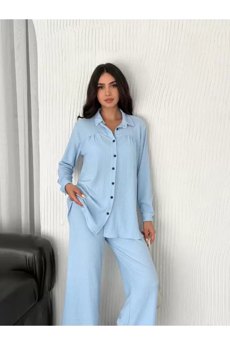 Yakalı Düğmeli Uzun Kollu Gömlek Pantolon ikili Takım - Bebek Mavisi