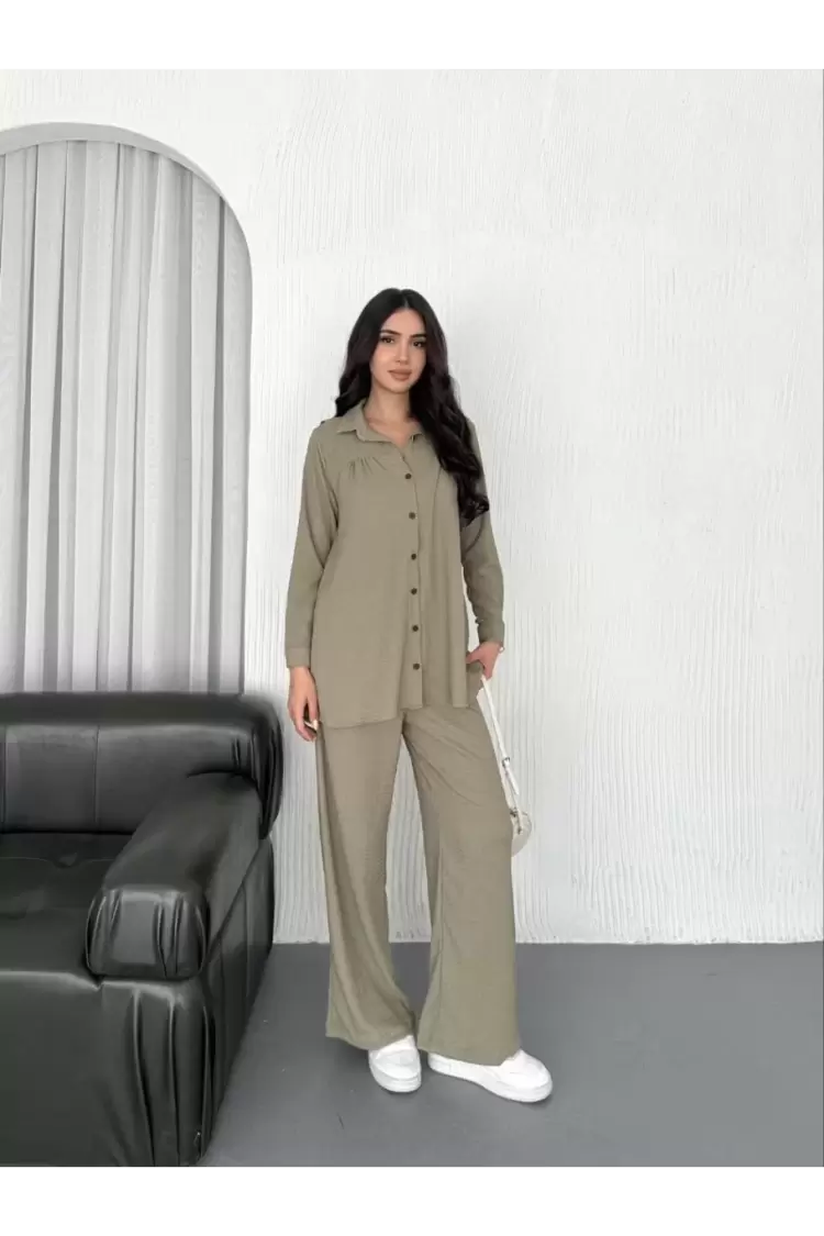 Yakalı Düğmeli Uzun Kollu Gömlek Pantolon ikili Takım - Bej