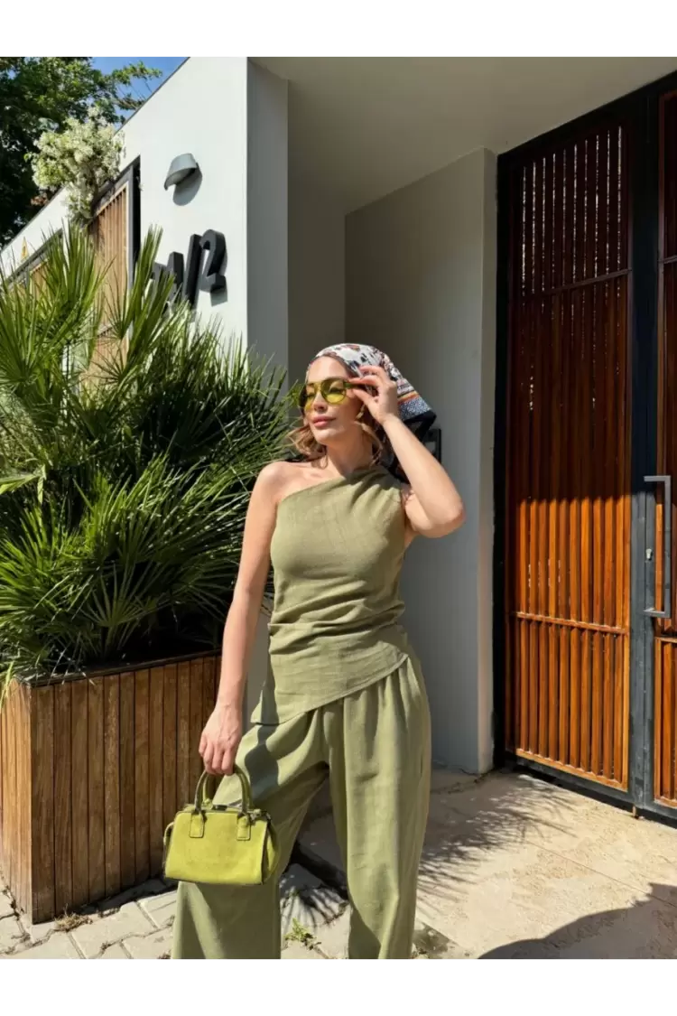 Kadın Keten Asimetrik Tek Omuzlu Bluz Pantalon Takım- Su Yeşili