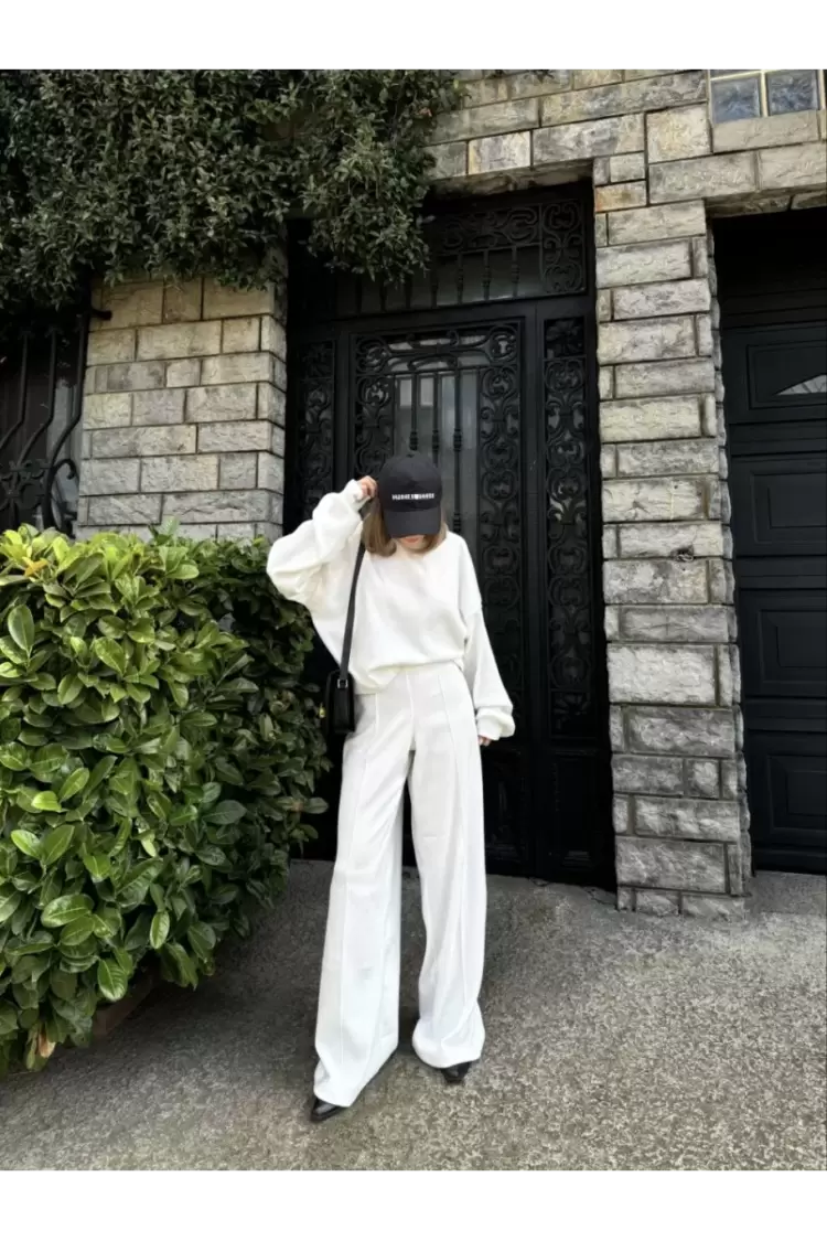 Crop, Pantolon Fitilli İkili Takım -Beyaz