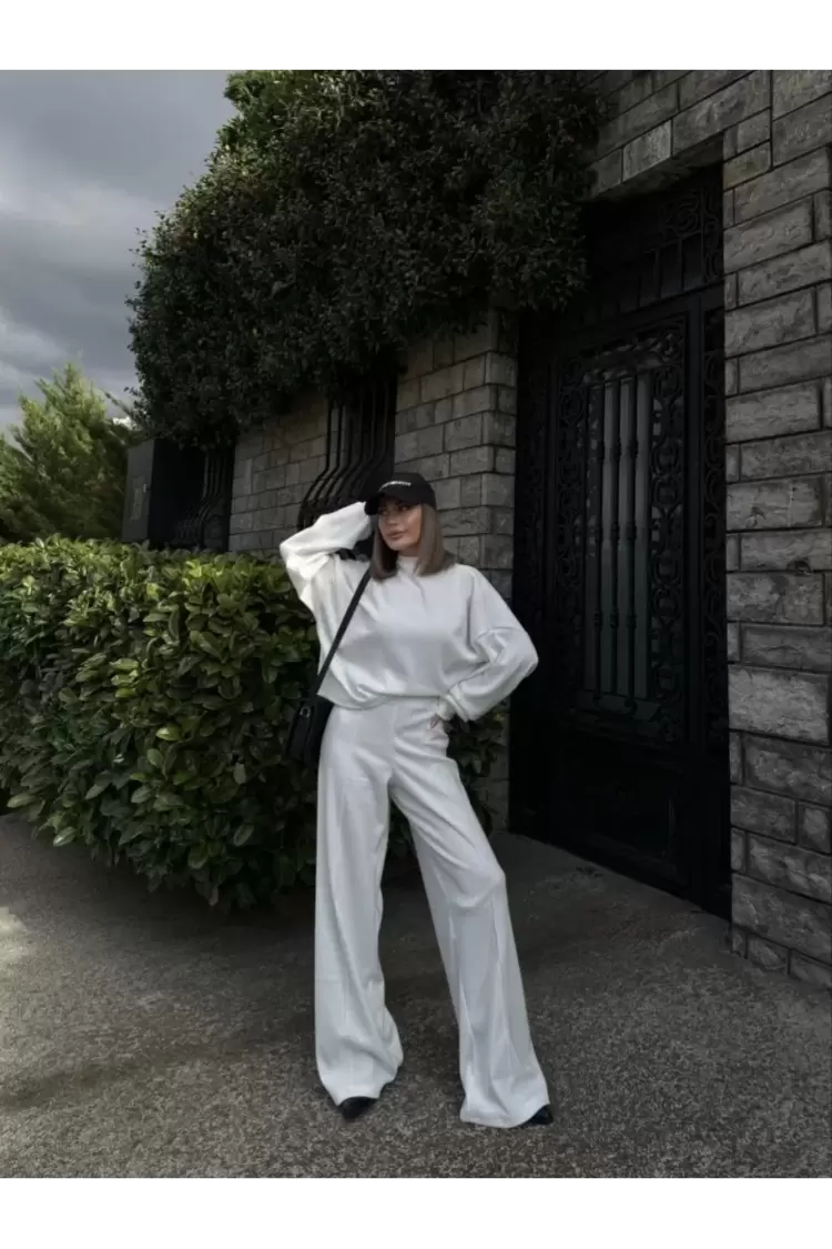 Crop, Pantolon Fitilli İkili Takım -Beyaz