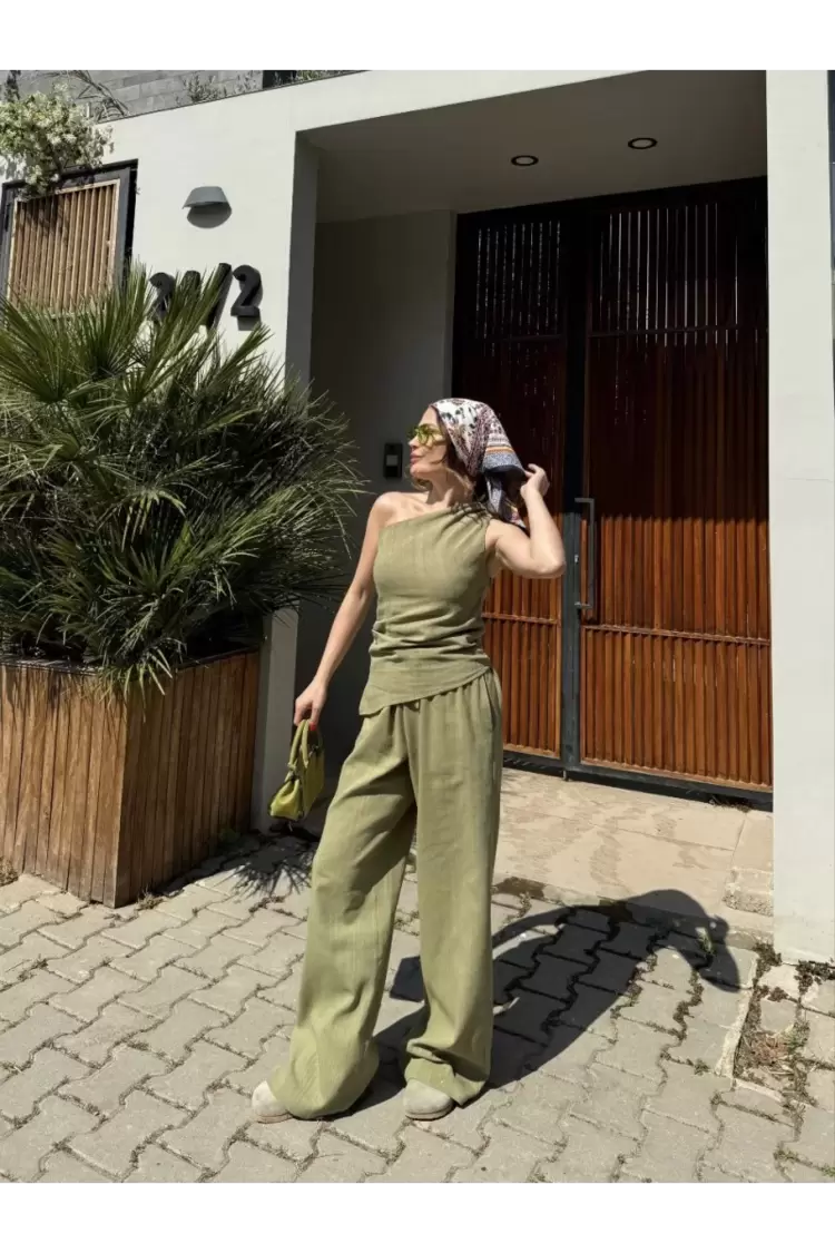 Kadın Keten Asimetrik Tek Omuzlu Bluz Pantalon Takım- Su Yeşili