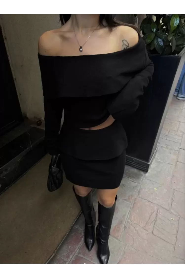 Straplez , Madonna , Carmen Yaka Croplu Mini Etekli ikili Takım Triko - Siyah