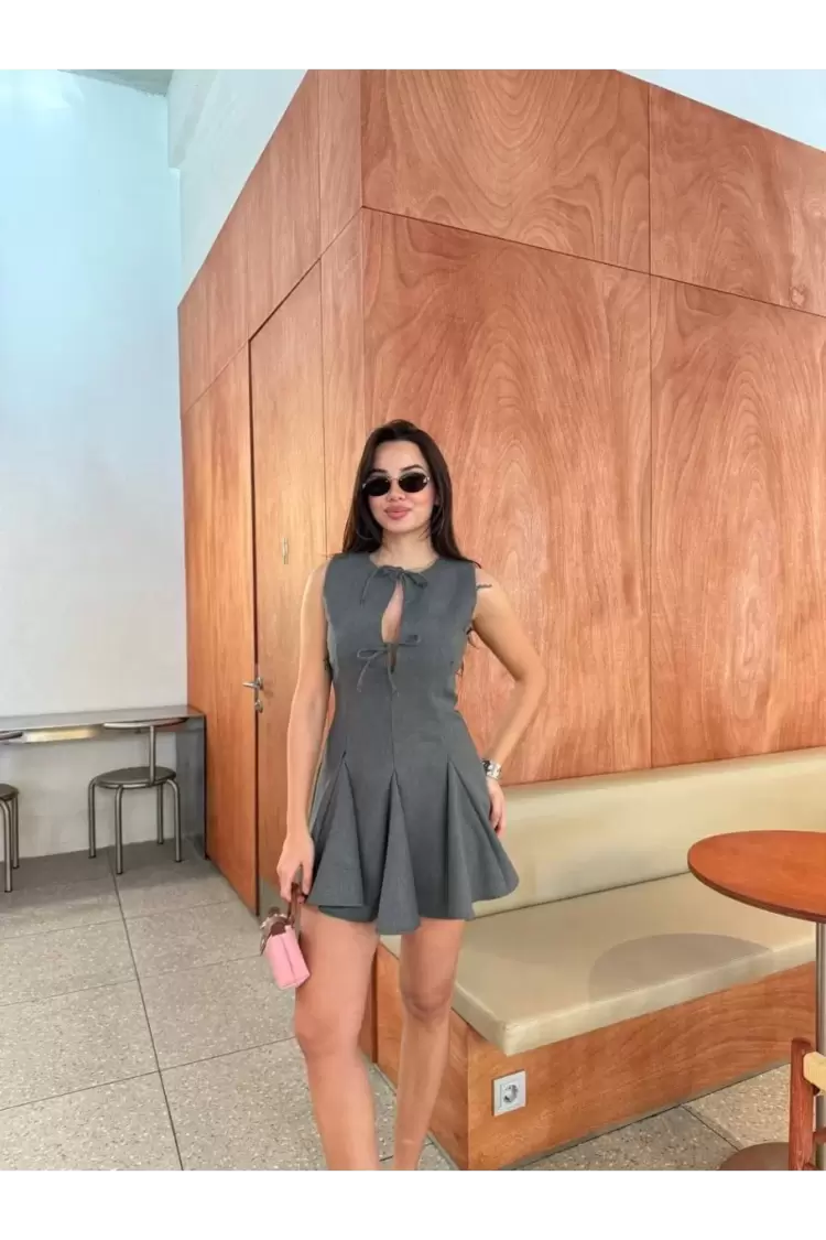 Bağcık detaylı Kolsuz Mini Elbise - Antrasit