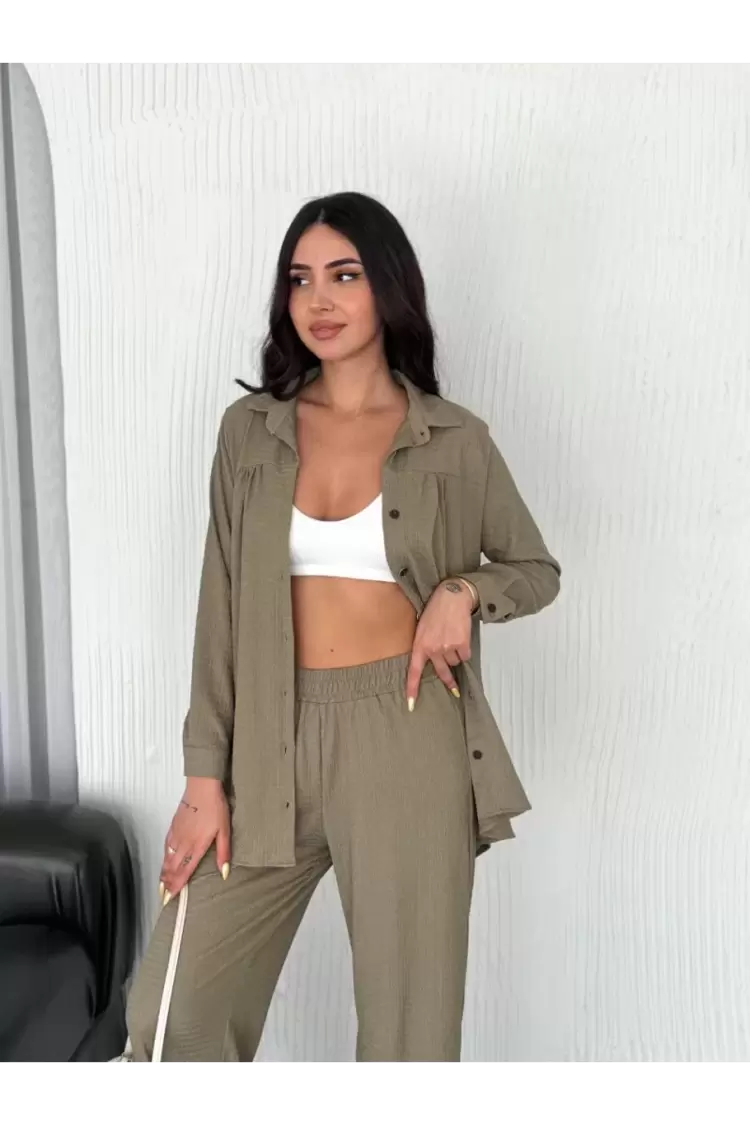 Yakalı Düğmeli Uzun Kollu Gömlek Pantolon ikili Takım - Bej