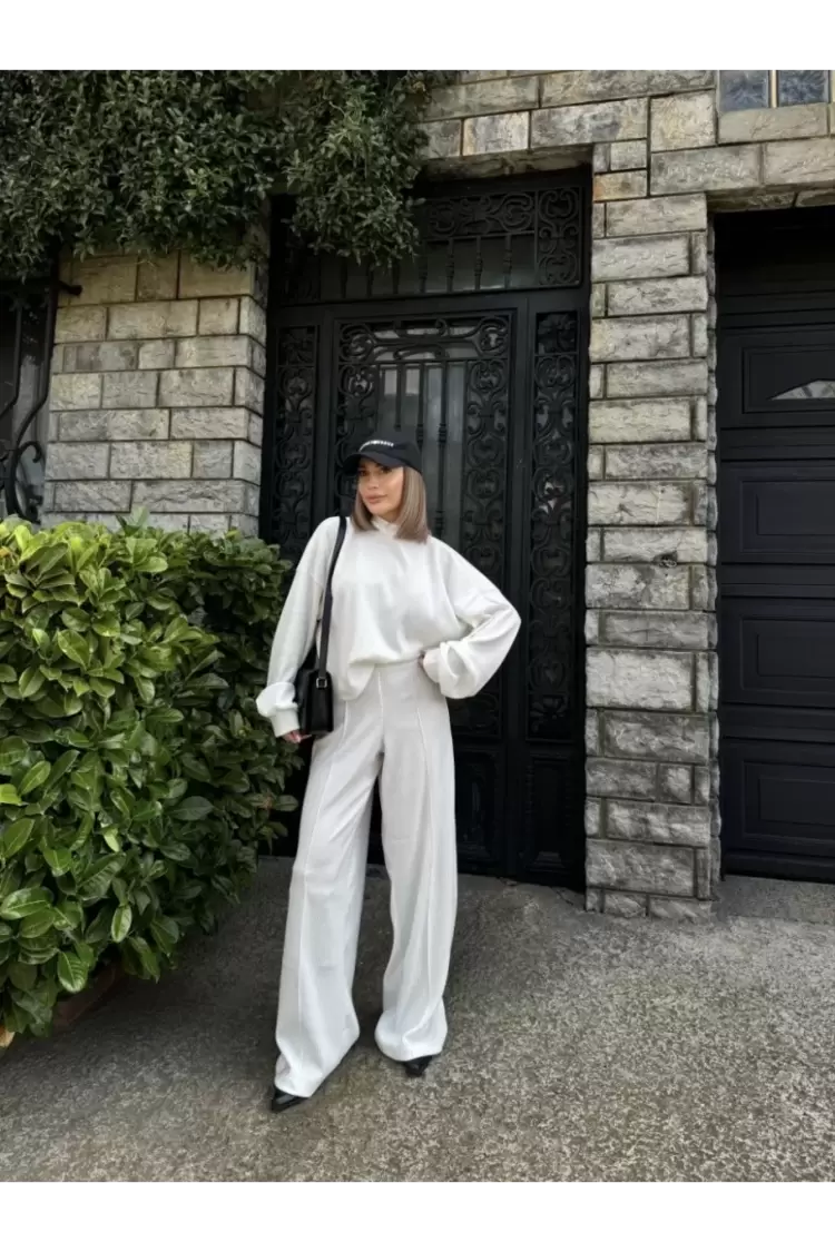 Crop, Pantolon Fitilli İkili Takım -Beyaz