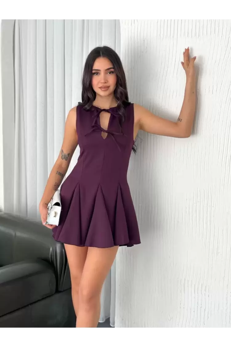 Göğüs Bağlamalı Kolsuz Mini Boy Elbise - Gül Kurusu