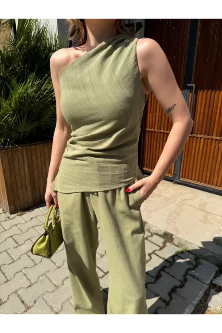 Kadın Keten Asimetrik Tek Omuzlu Bluz Pantalon Takım- Su Yeşili