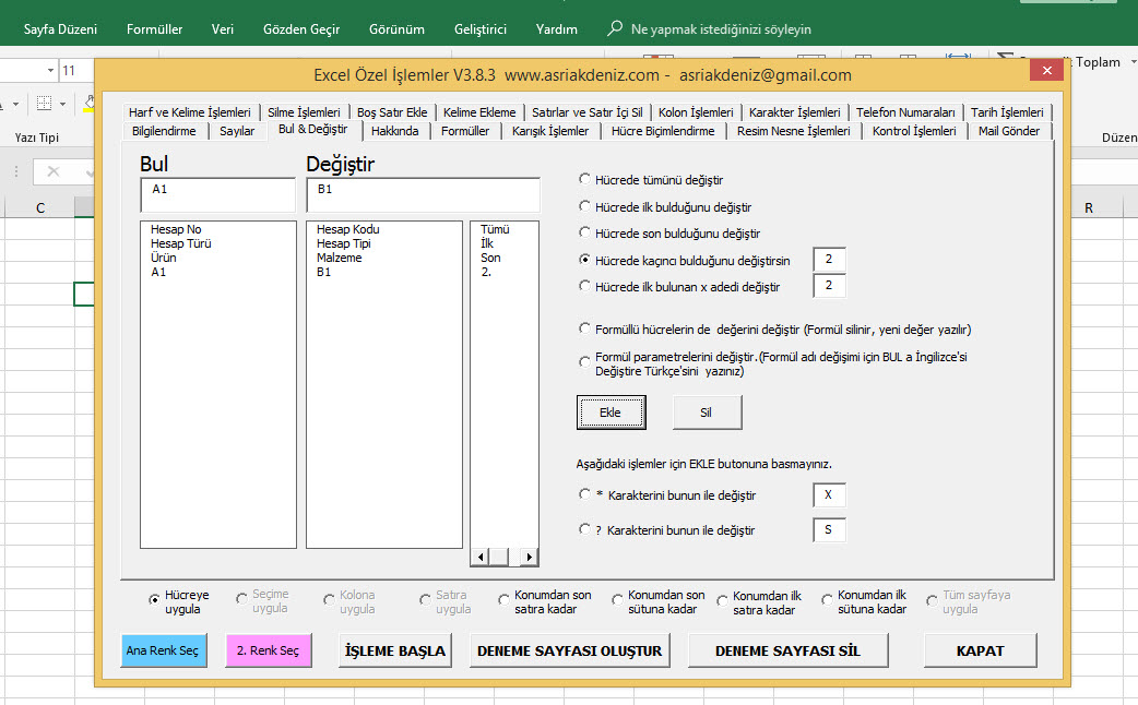 Excel Özel İşlemler Menüsü - Sağ Tuş