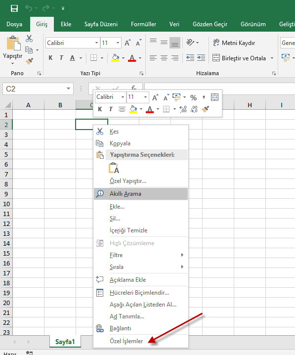 Excel Özel İşlemler Menüsü - Sağ Tuş