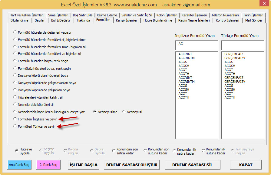 Excel Özel İşlemler Menüsü - Sağ Tuş