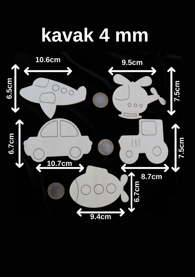 Boyanabilir Ahşap Taşıt Figürleri - Boyama Etkinlikleri 5'li Set (4 mm Kavak)
