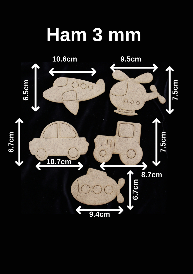 Boyanabilir Ahşap Taşıt Figürleri - Boyama Etkinlikleri 5'li Set (3 mm Ham(Kahverengi))