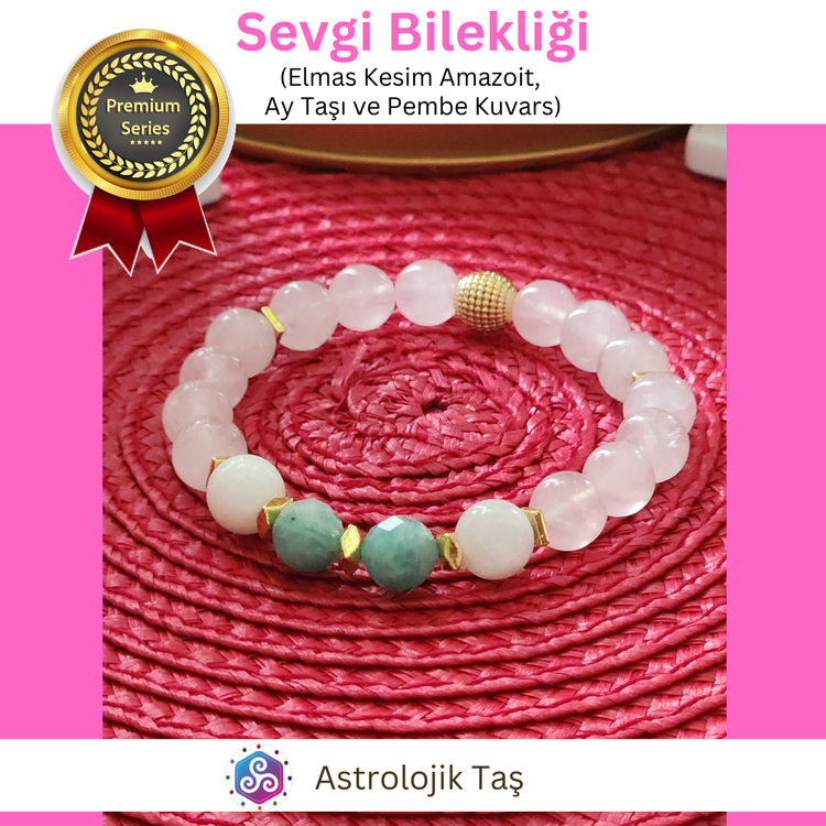 Sevgi Bilekliği (Elmas Kesim Amazoit, Ay Taşı ve Pembe Kuvars)