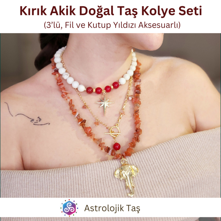 Kırık Akik Doğal Taş Kolye Seti (3’lü, Fil ve Kutup Yıldızı Aksesuarlı)