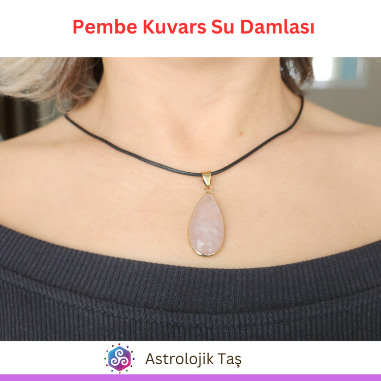 Pembe Kuvars Su Damlası Kolye