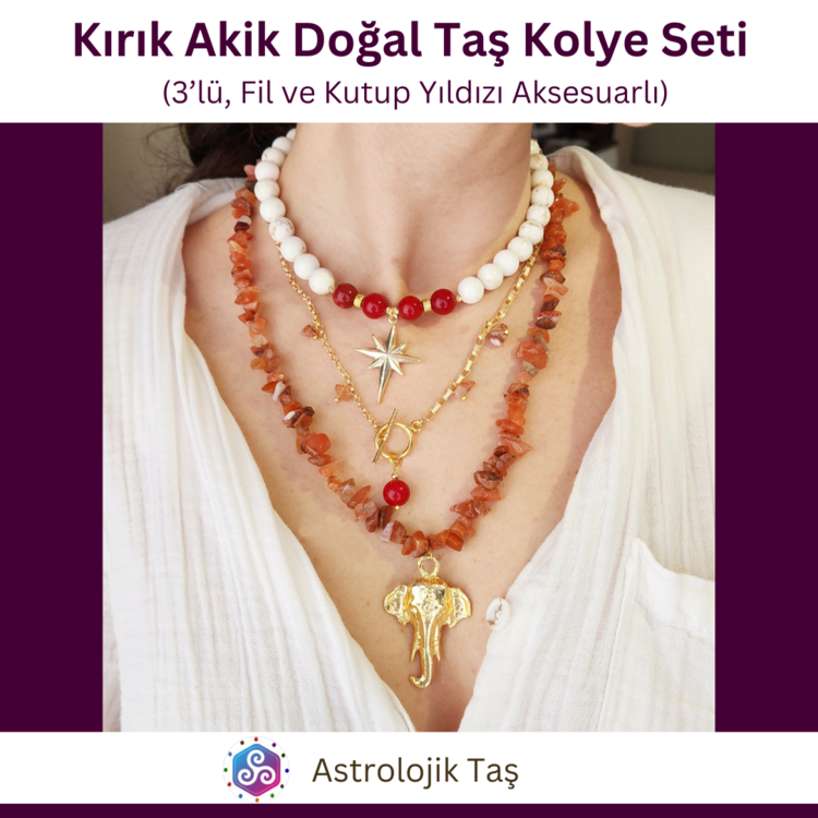 Kırık Akik Doğal Taş Kolye Seti (3’lü, Fil ve Kutup Yıldızı Aksesuarlı)