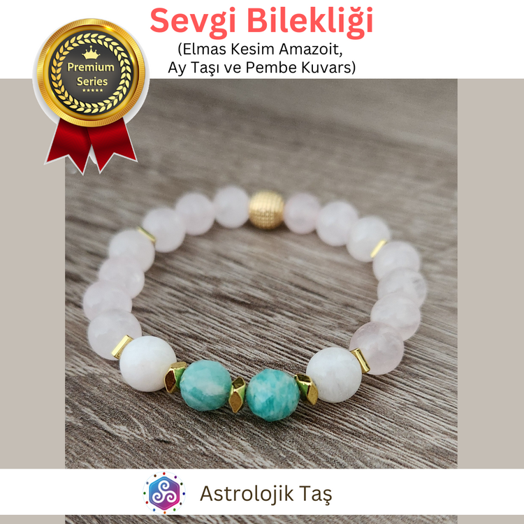 Sevgi Bilekliği (Elmas Kesim Amazoit, Ay Taşı ve Pembe Kuvars)