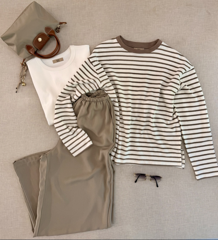 Çizgili İnce Bej Sweatshirt