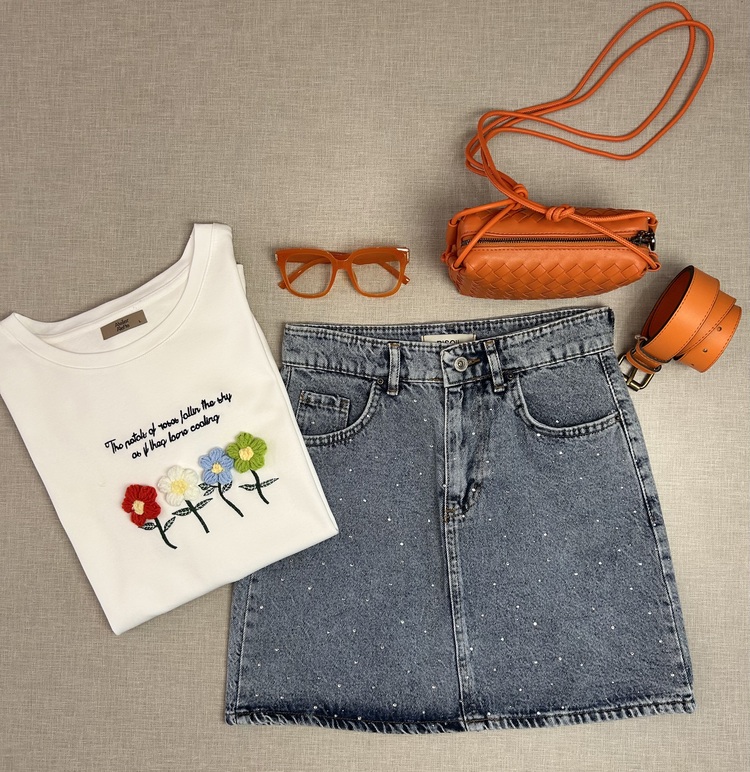 Taşlı Jean Mini Etek