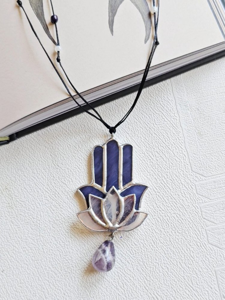Ametist Doğal Taşlı Fatma Ana&Lotus Kolye