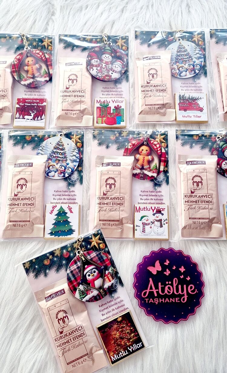 Yeni Yıl Ahşap Anahtarlık, Çikolata ve Kahve